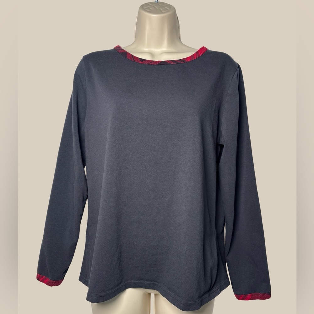 Pendleton Long Sleeve Knit Top Black Red Plaid Trim Tartan Crew Neck SZ L